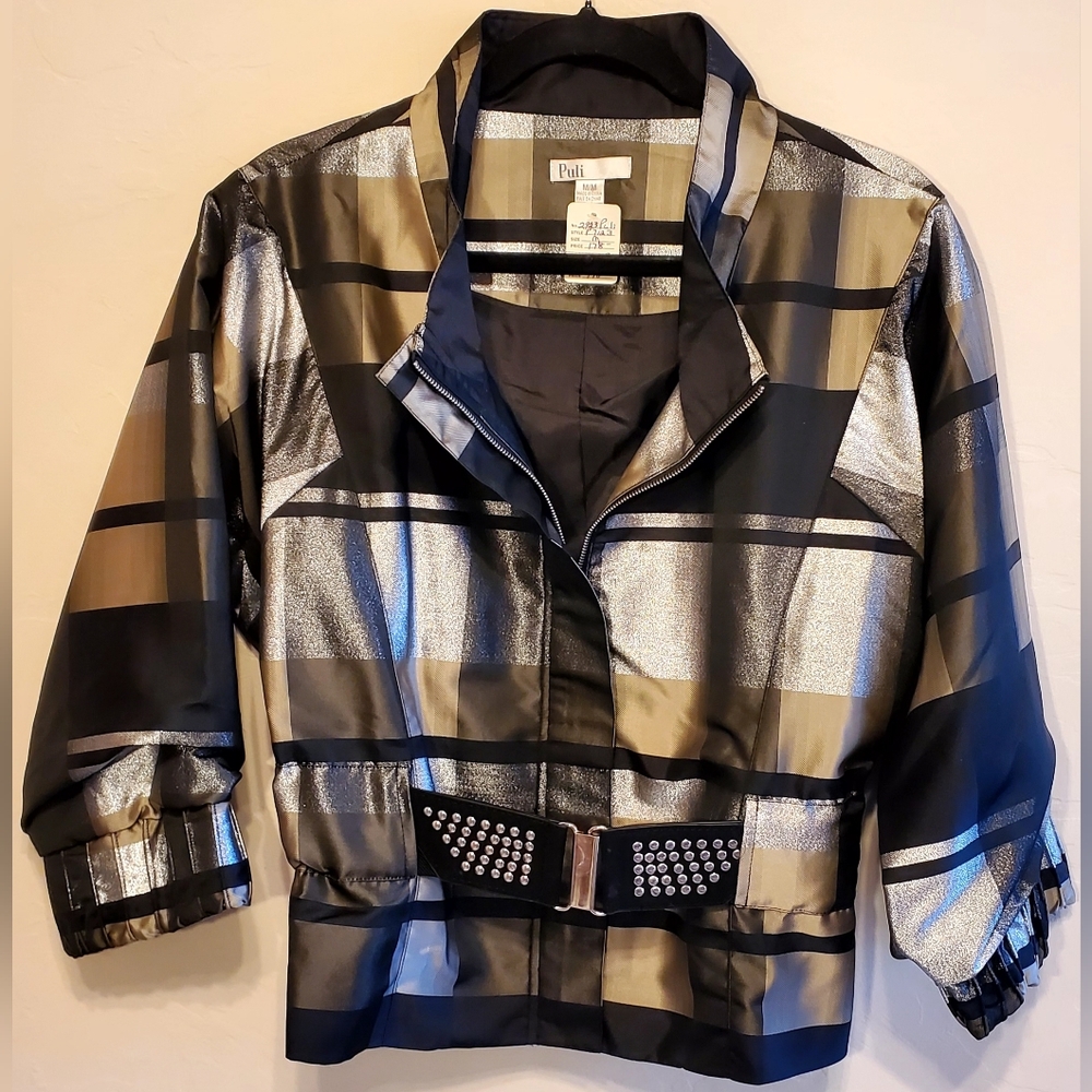Puli Women's Metallic Black and Silver Plaid Blazer w/ Studded Belt Size M NWT